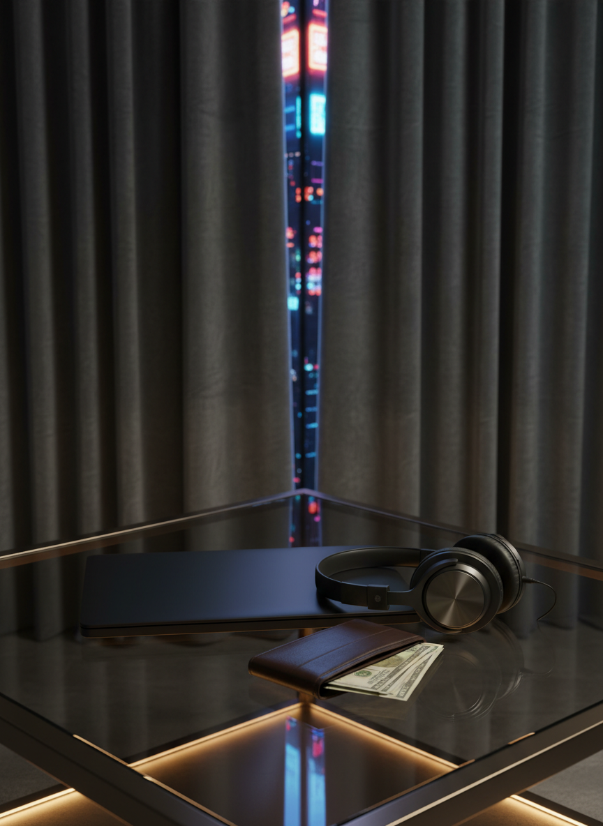 A luxurious still life on a smoked-glass coffee table: a closed matte-black laptop, a pair of over-ear studio headphones with brushed metal accents, and a slim leather card wallet half-open to reveal the edge of high-denomination, unbranded banknotes. Behind them, a heavy, floor-length charcoal curtain barely parts to reveal a sliver of neon-lit skyline. Subtle, warm accent lighting from a concealed source below the table casts delicate reflections and soft glows along the glass edges. Photographic realism, eye-level composition with asymmetrical balance, creates a moody, cinematic tableau that suggests the intersection of intimacy, money, and secrecy in the late-night podcast world.