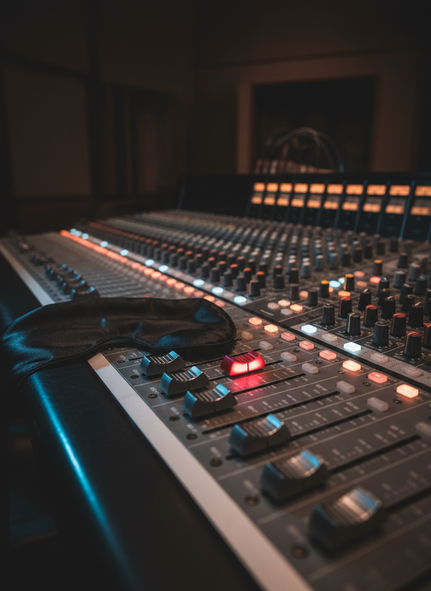 A close, cinematic shot of a high-end audio mixing console in a dimly lit studio, its brushed metal surface and backlit dials rendered with crisp detail. Rich red, amber, and soft white LEDs glow against the darkness, with a single channel’s fader pushed noticeably higher than the rest. A black silk blindfold lies draped casually across the console edge, its smooth texture catching a thin ribbon of cool blue accent light. The rest of the room falls into soft, indistinct shadow. Photographic realism, low-angle perspective with shallow depth of field, creates a sophisticated, suggestive atmosphere that hints at power dynamics and curated intimacy without showing any people.