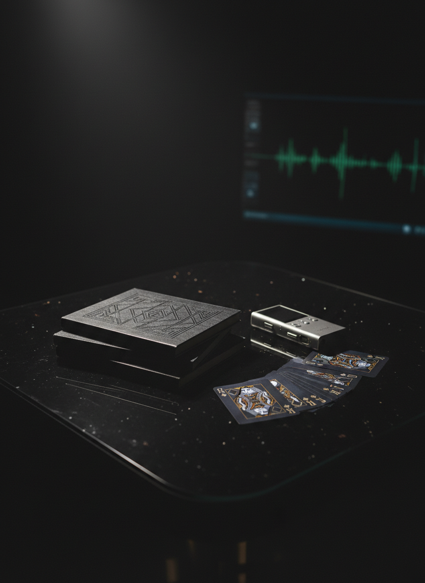A dark, glossy onyx tabletop scattered with symbolic podcast artifacts: a neatly stacked pile of embossed black notebooks, a polished silver digital recorder, and a set of noir-toned playing cards showing only kings and queens. A faint reflection of these objects gleams on the surface. Soft, directional spotlighting from the upper left creates dramatic contrasts and elongated shadows, leaving the surrounding environment in velvety darkness. In the far background, blurred waveforms glow faintly on a monitor, hinting at recorded secrets. Photographic realism, shot from a slightly elevated angle with tight framing, evokes mystery, power, and the hidden economy of desire and emotion.