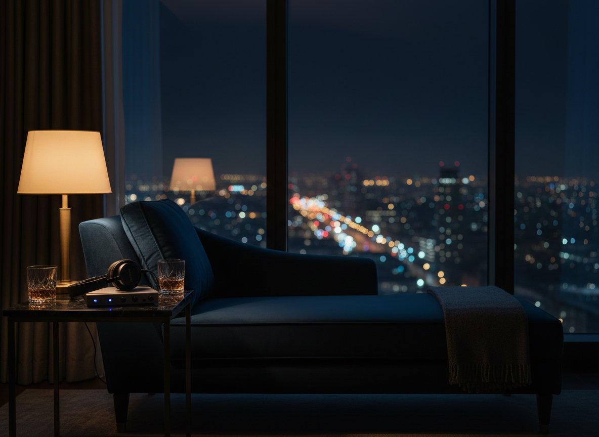 An elegant midnight-blue velvet chaise lounge positioned near a floor-to-ceiling window, overlooking an abstract blur of city lights after dark. On a small black marble side table, a pair of crystal tumblers with amber liquid catch the glow of a single brass table lamp with a soft, warm bulb. A studio-quality headphone set rests neatly coiled beside a slim, minimalist audio interface. The room is washed in moody, cinematic side lighting, with deep shadows and subtle highlights on the velvet texture. Photographic realism, framed using the rule of thirds, conveys discreet luxury, emotional depth, and the private world where intimate conversations unfold.